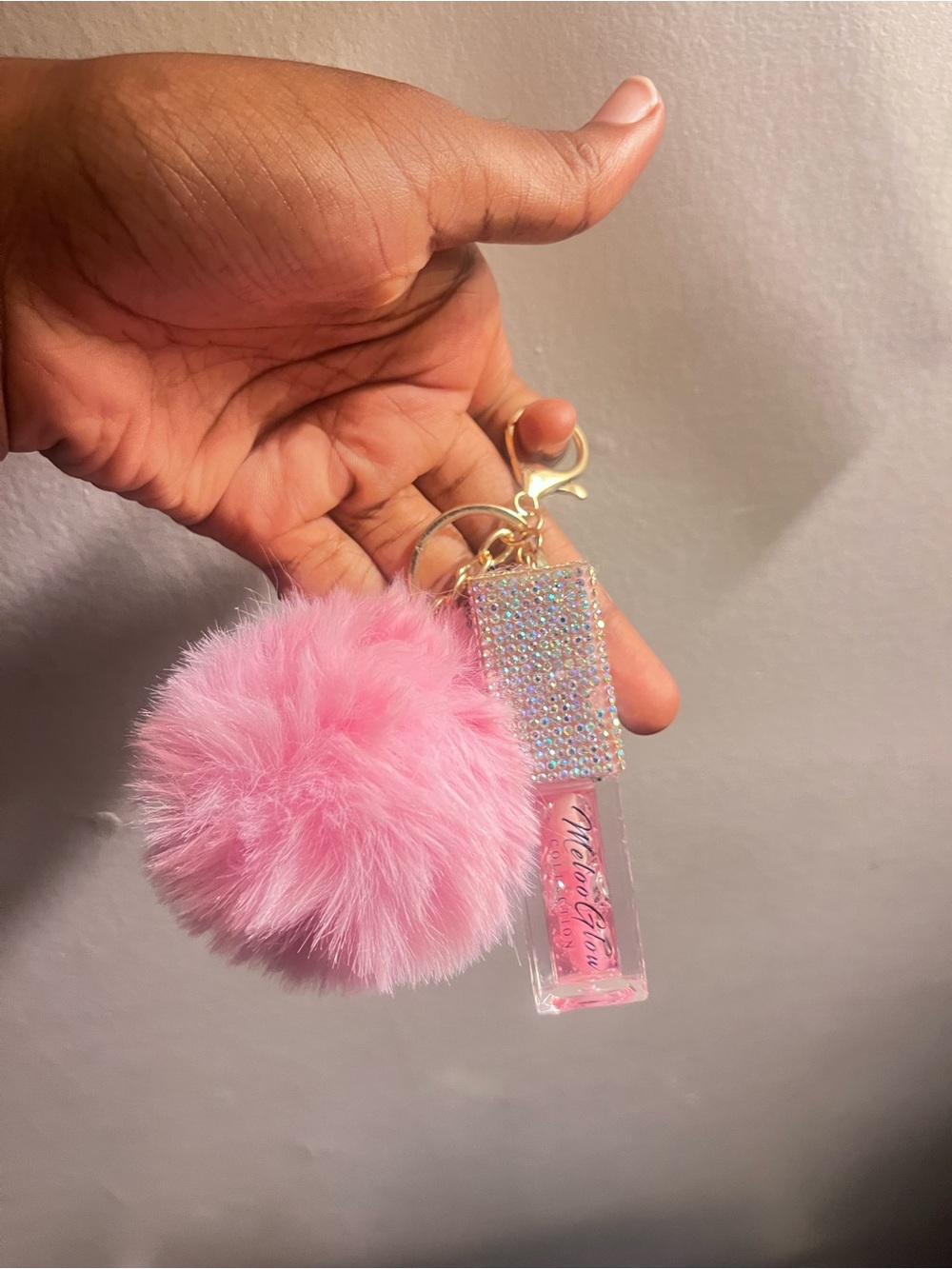 & Other Stories Pink Faux Fur Pom Pom Keychain with Rhinestone Lip Charm